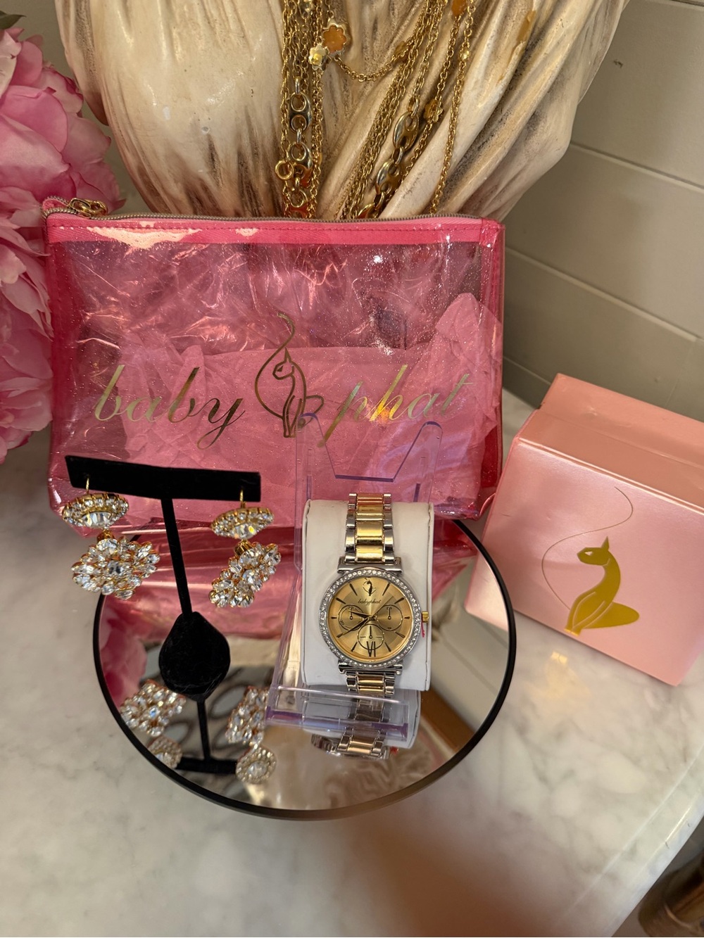 90s NWT Baby Phat Bundle! 3Fer gold silver Watch + Earrings baby phat Pink case